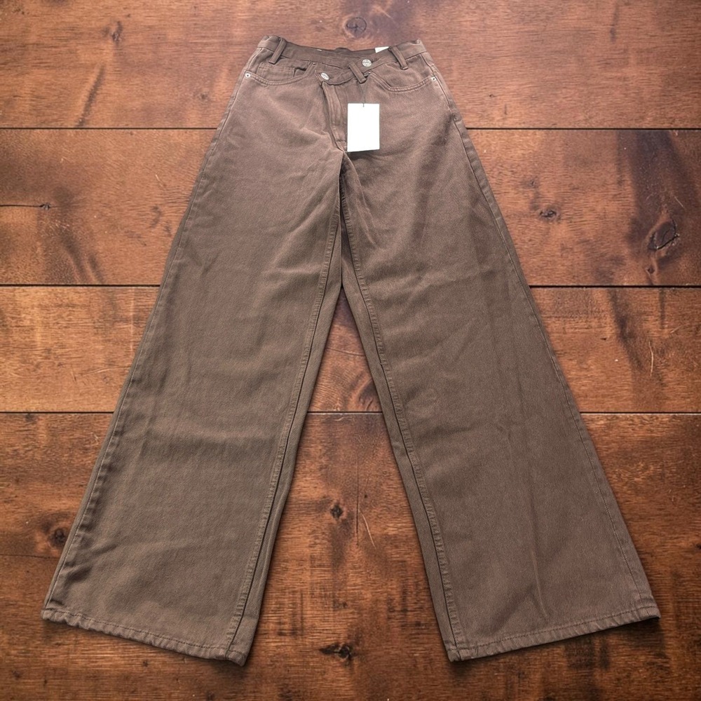 NEW Zara The Crossed Waist Wide Leg Pants Brown Cotton Mid Rise Womens 2 W26xL32